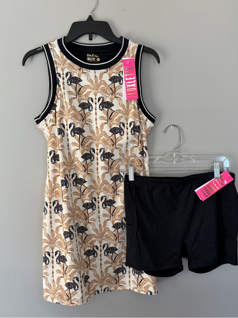 Lilly Pulitzer Cream, Black & Gold Palm-Print Sleeveless Dress with Black Shorts
